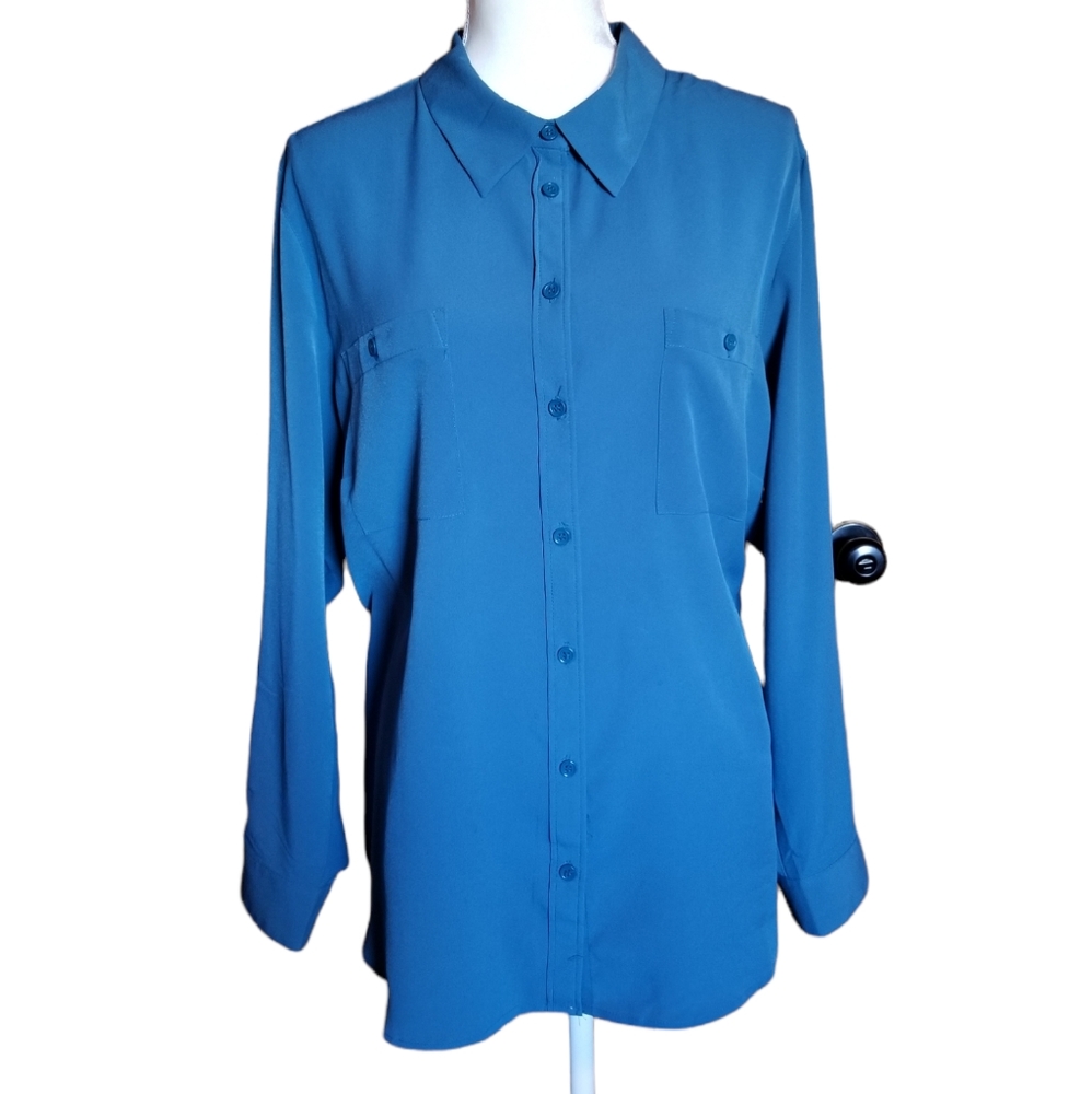 Roz & Ali Women's Button Down Blouse Bright Teal Plus Size 2X